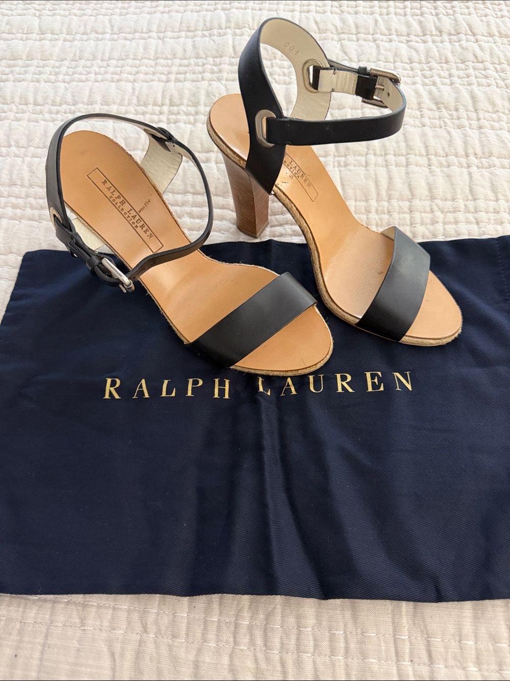 Ralph Lauren Collection Black Leather Ankle-Strap Sandal with Tan Insole